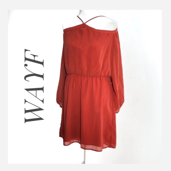 NWT WAYF Mini Dress Drop Cold Shoulder Chiffon Elastic Waist Samon Size Large - Picture 1 of 14
